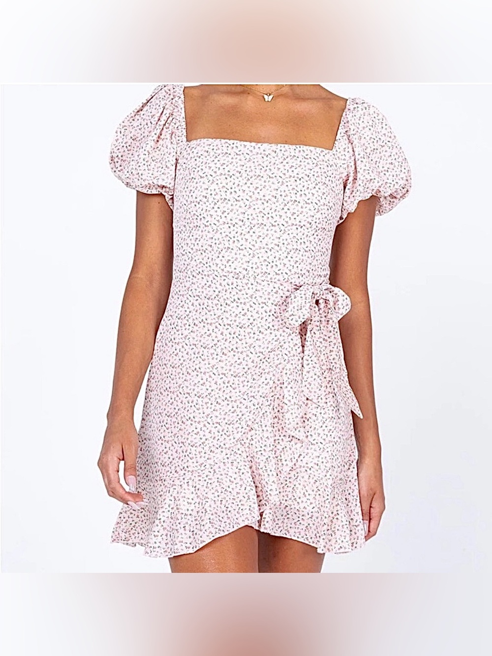 Princess Polly Annie Mini Wrap Dress Pink Ditsy Floral Ruffle Hem Size 2 - Picture 2 of 9